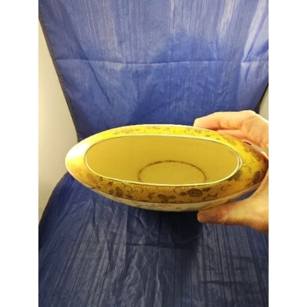 Vintage Satsuma Flat Oval Vase Peacock Floral Design Gold Trim Japanese Ceramic